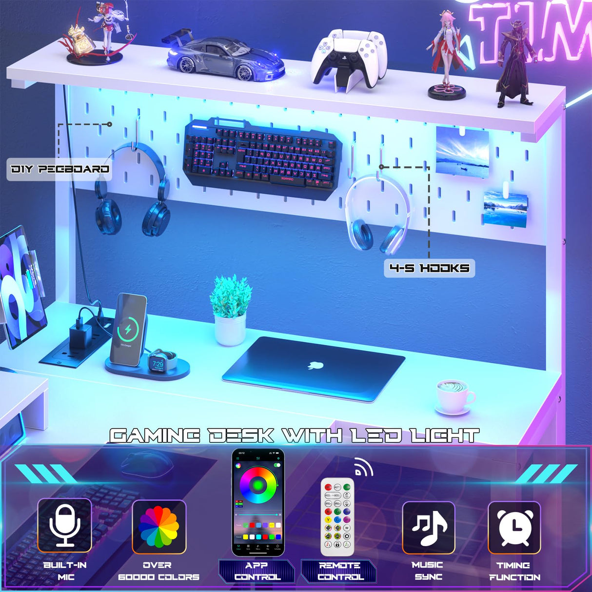 Homieasy Small Gaming Desk with Power Outlets Pegboard LED Light, 43 Inch L Shaped Computer Desk with Monitor Stand Storage Shelves, Reversible Corner Desk with Headset Hooks, White Homieasy