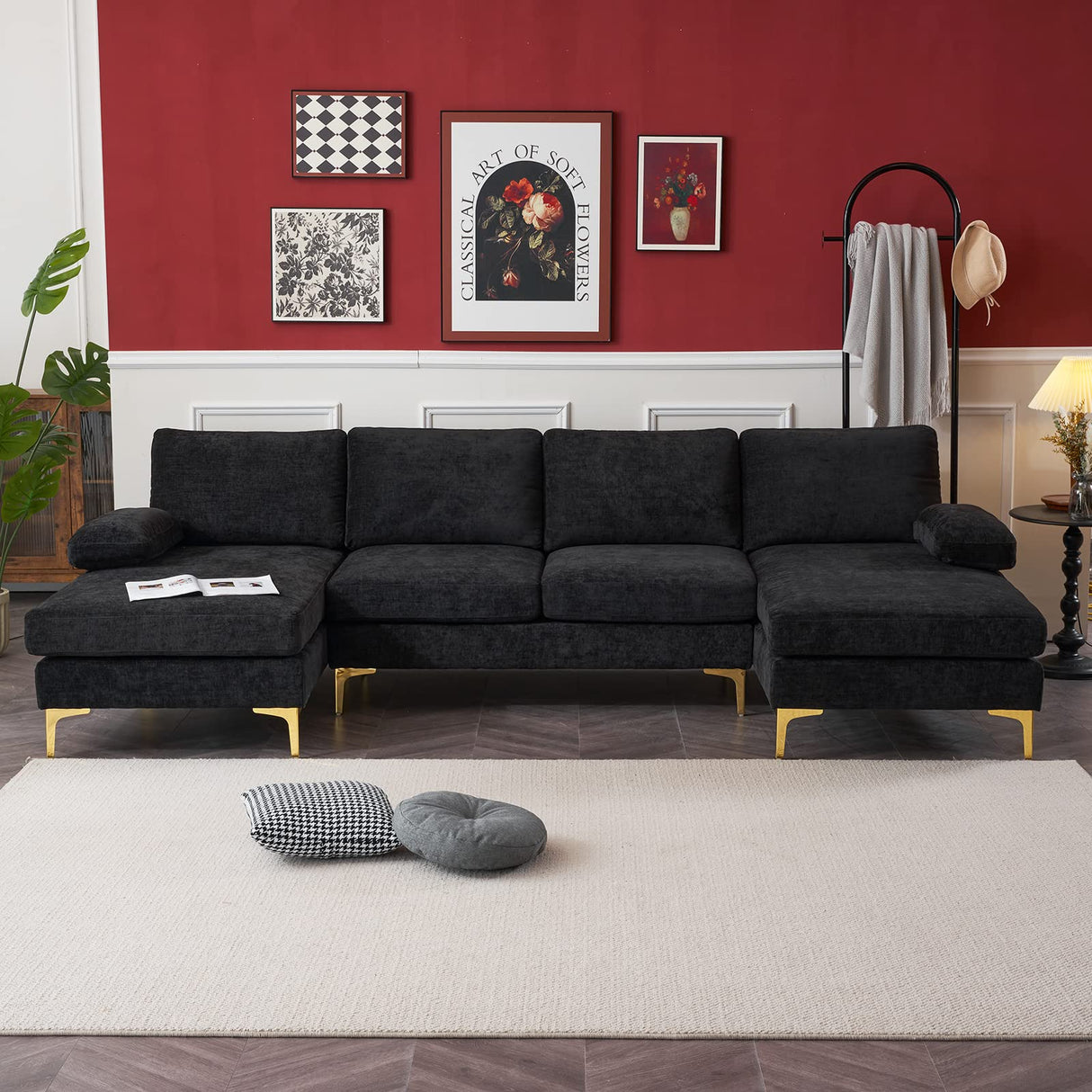 Karl home Convertible Sectional Sofa 110" U-Shape Sofa Couch 4-Seat Couch with Chaise ChenilleFabric Upholstered for Living Room, Apartment, Office, Black Karl home