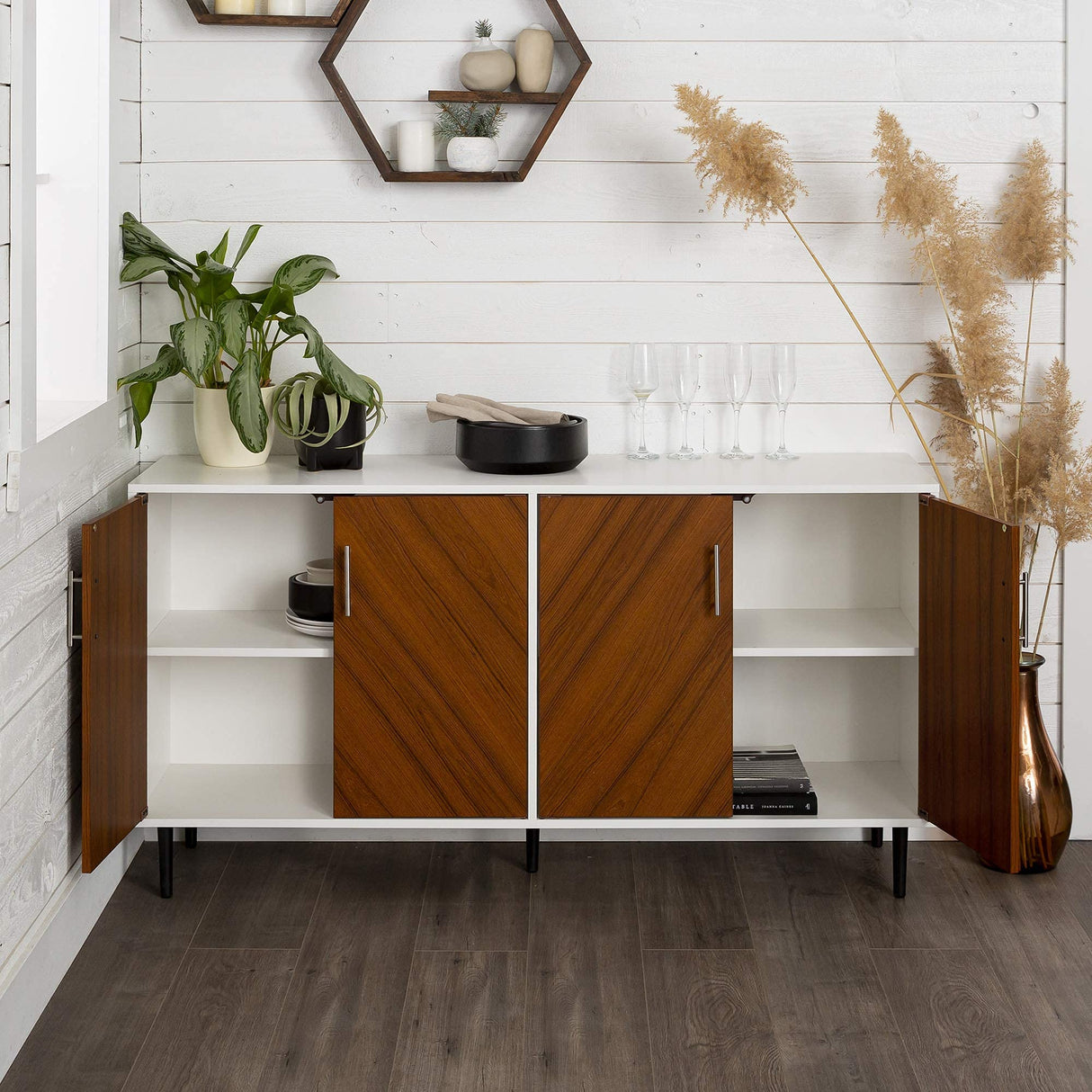 Walker Edison Fehr Modern 4 Door Bookmatch Buffet, 58 Inch, White Walker Edison