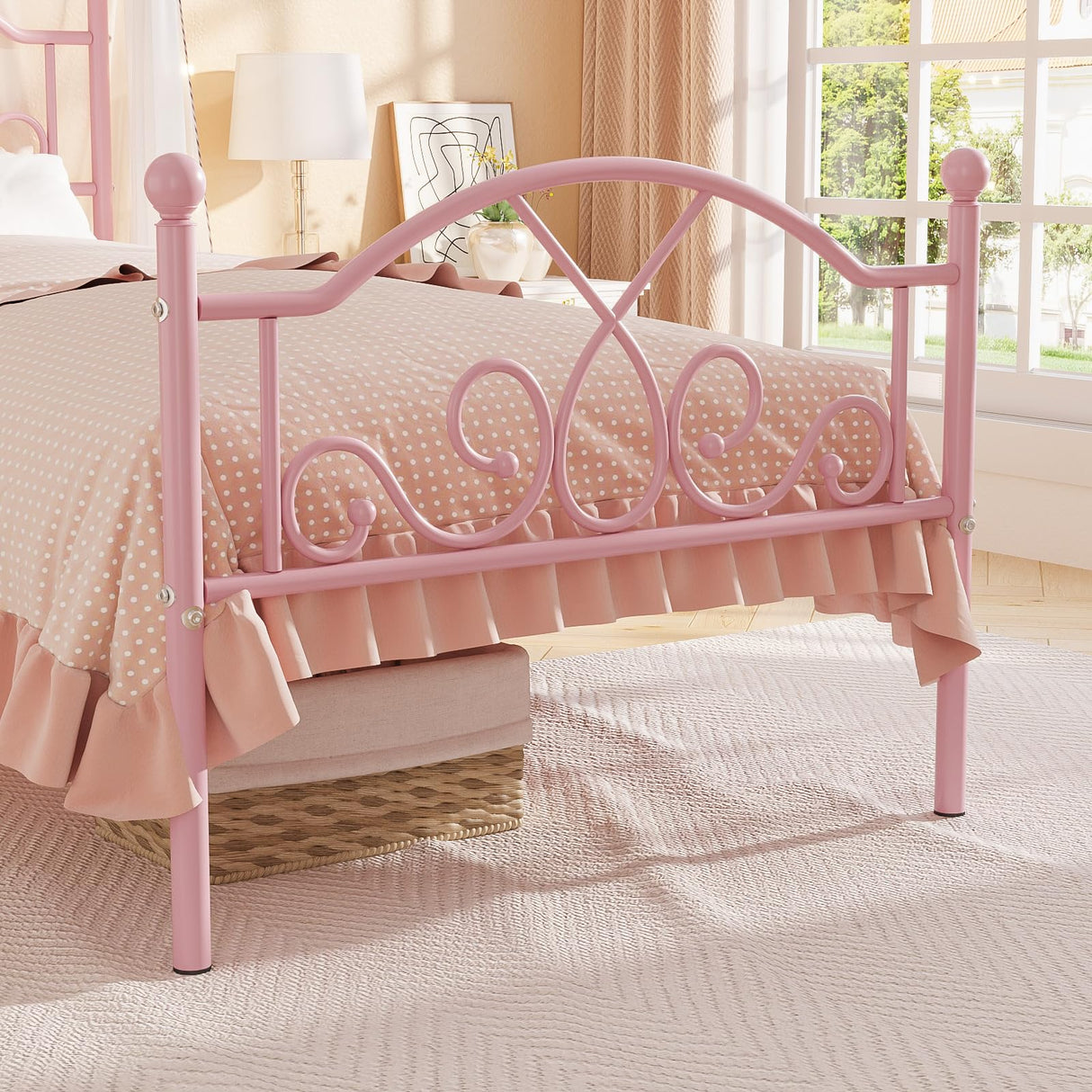 Weehom Twin Bed Frames, Modern Twin Size Metal Bed Frames for Kids Girls, No Box-Spring Needed Twin Platform Bed Frame with Unique Headboard and Footboard, 11.23 Inches Storage Space - Pink Weehom