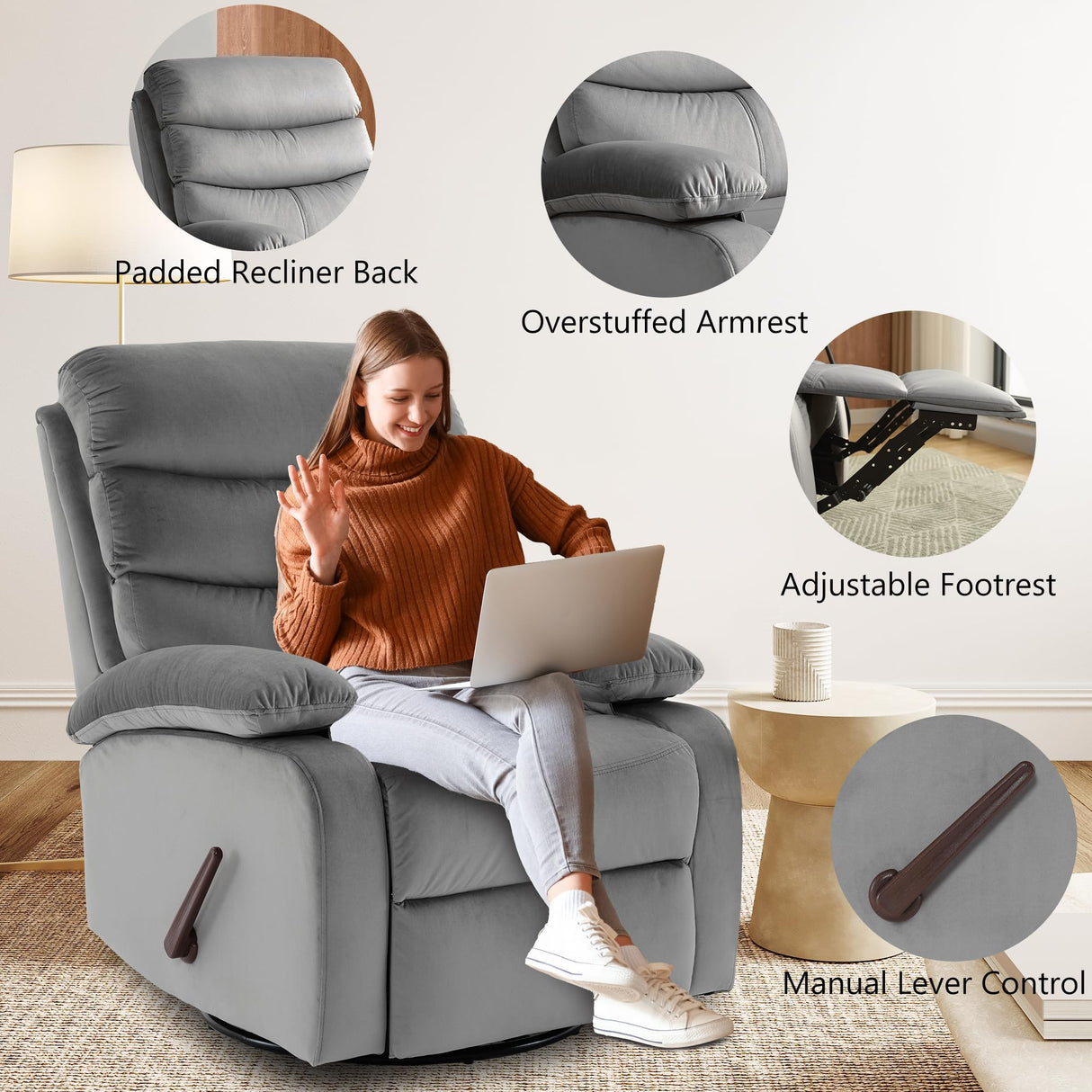 GNMLP2020 Swivel Rocker Recliner Chair for Adults, Rocking Chair Nursery, Manual Small Swivel Recliner Chairs for Small Spaces, Living Room, Nursery, RV, Light Grey GNMLP2020