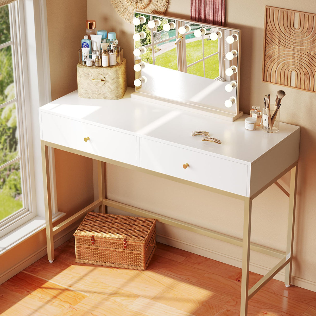 SUPERJARE 39.4" White and Gold Desk with 2 Drawers, Modern Makeup Vanity Desk, Small Computer Desk Home Office Desk for Writing Study Bedroom SUPERJARE