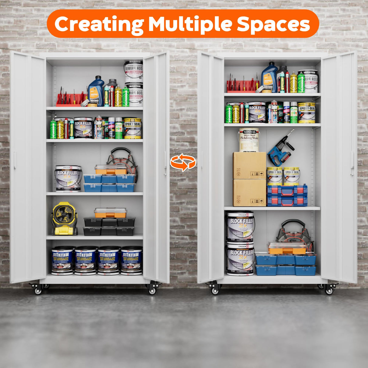 Aobabo 73" H 2 Door Metal Storage Cabinet on Wheels,Lockable Steel Rolling Garage Storage Cabinet with 4 Adjustable Shelves,White, Assembly Required Aobabo