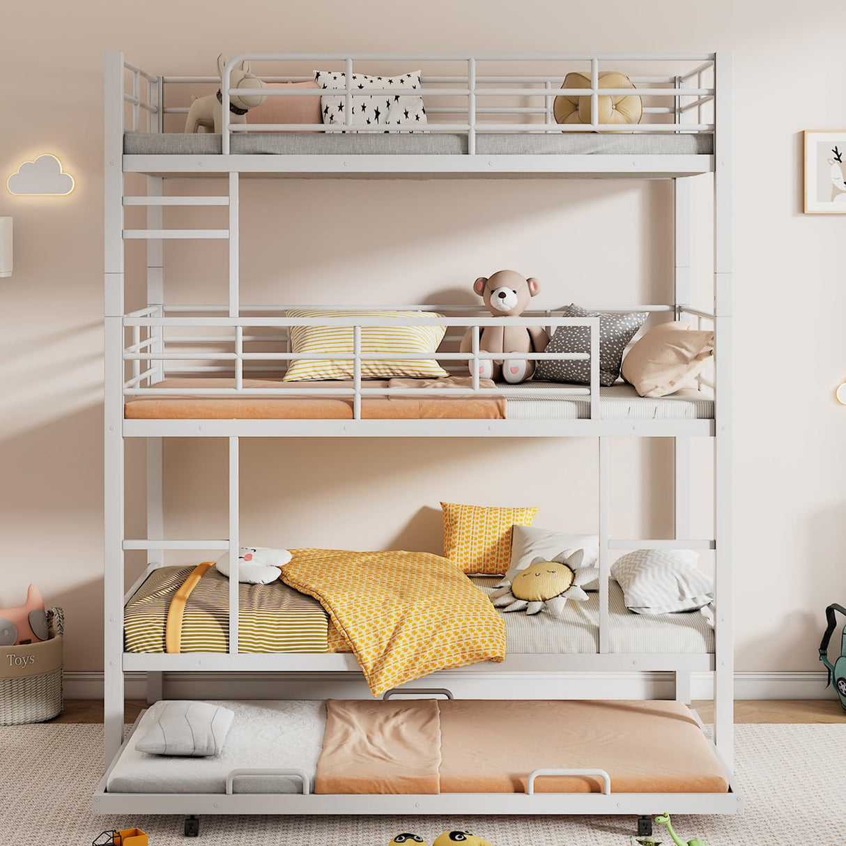 Metal Triple Bunk Bed Twin Over Twin Over Twin, Triple Bunk Bed with Trundle, 3-Tier Bunk Bed with 2 Ladders and Guardrails, Triple Bunk Beds for Kids(White Twin) Bellemave