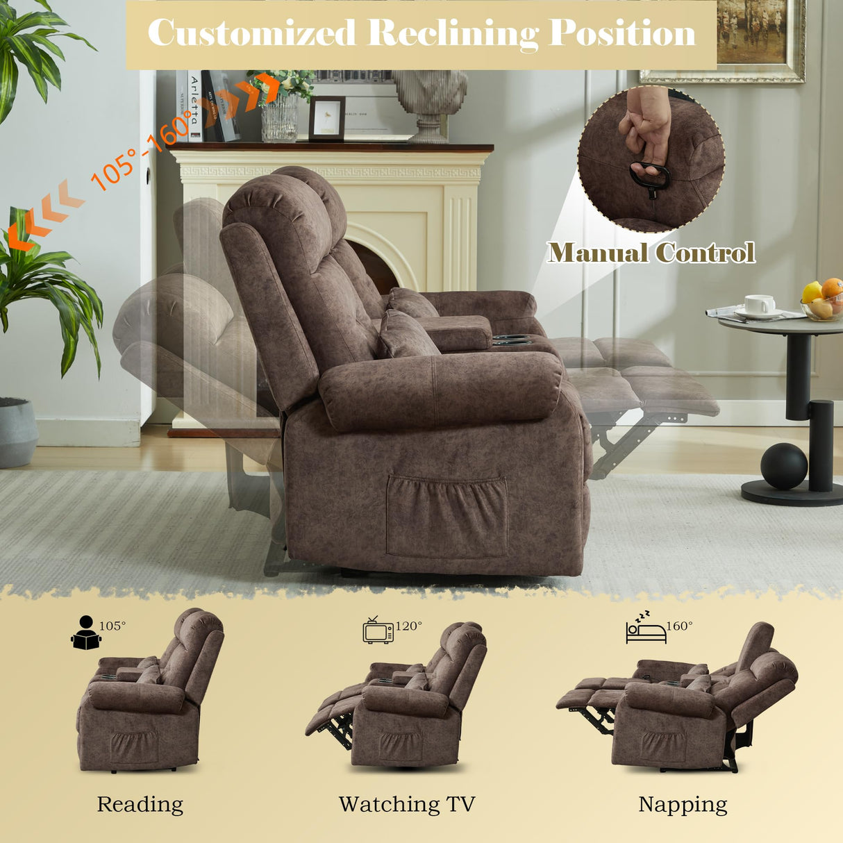 DRMBOOK RV Loveseat Recliner Sofa with Console, Velvet Fabric Double Wall Hugger Reclining Couch Manual Home Movie Seating 2 Person Recliner Chair with Cup Holders/Storage/Pocket/Lumbar Pillow, Brown DRMBOOK