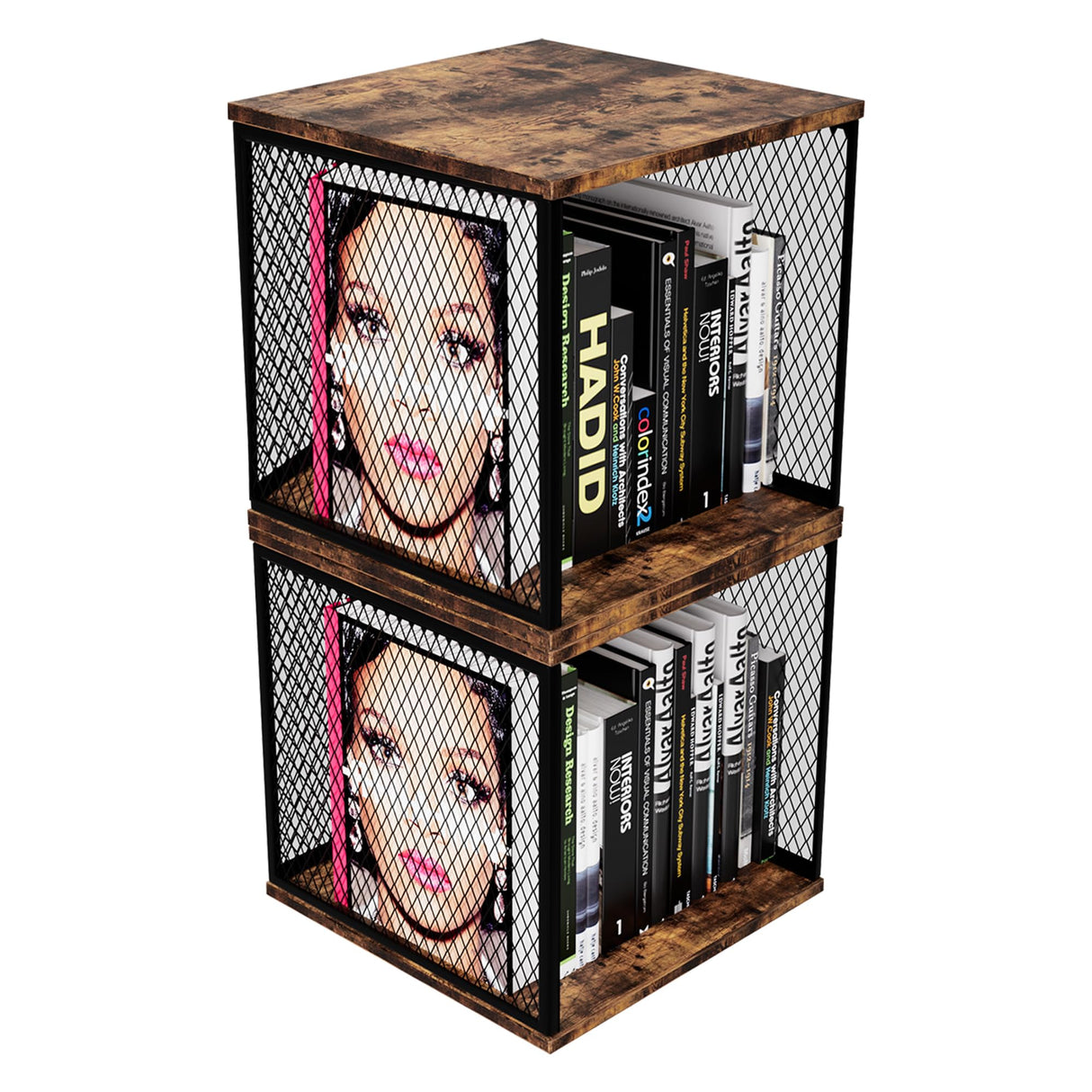 Ksuefao 2 Cube Storage Organizer, Small Bookshelves, DIY Variable Stackable Wooden & Metal Cubes Shelves for Desktop, Bedroom, Living Room, Black Brown Ksuefao
