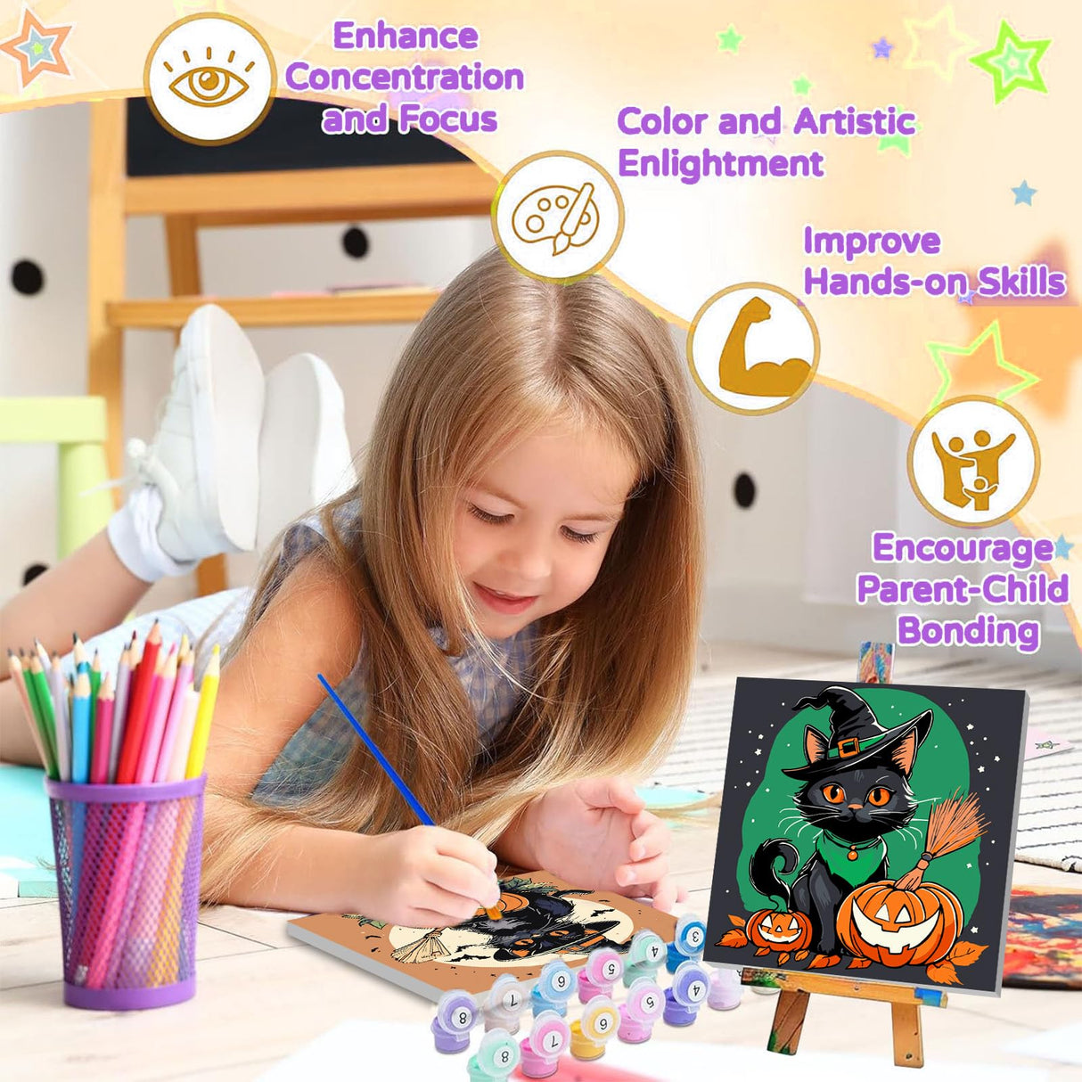 4 Pack Halloween Paint by Number for Kids with Wooden Frame, Paint by Numbers for Kids Black Cat Ages 4-8-12, Easy Pumpkin DIY Acrylic Oil Painting Kits for Home Wall Decor (8X8 inch) xackcme