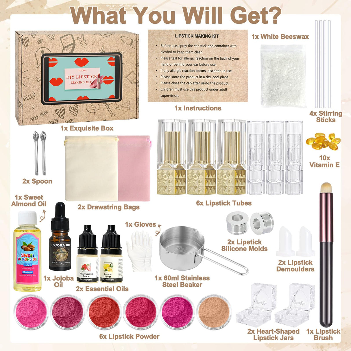 JUYRLE Lipstick Making Kit- 47Pcs DIY Matte Velvet Lipstick Set, Lip Gloss Kit, Make Your Own Lip Stain Kit with Beeswax Long-Lasting Quick-Drying Non-Stick Cup Lip Makeup Gift Kit for Women Beginner JUYRLE