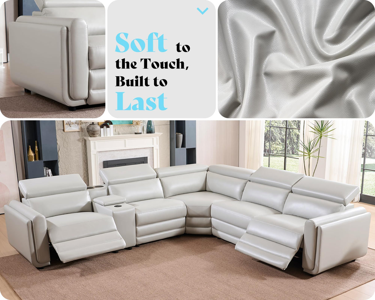 AMERLIFE Power Recliner Sofa, 129 Inch Oversized Reclining Sofa with Console & Speaker, 5 Seats L Shaped Sectional Couch for Living Room, Light Grey Leather AMERLIFE