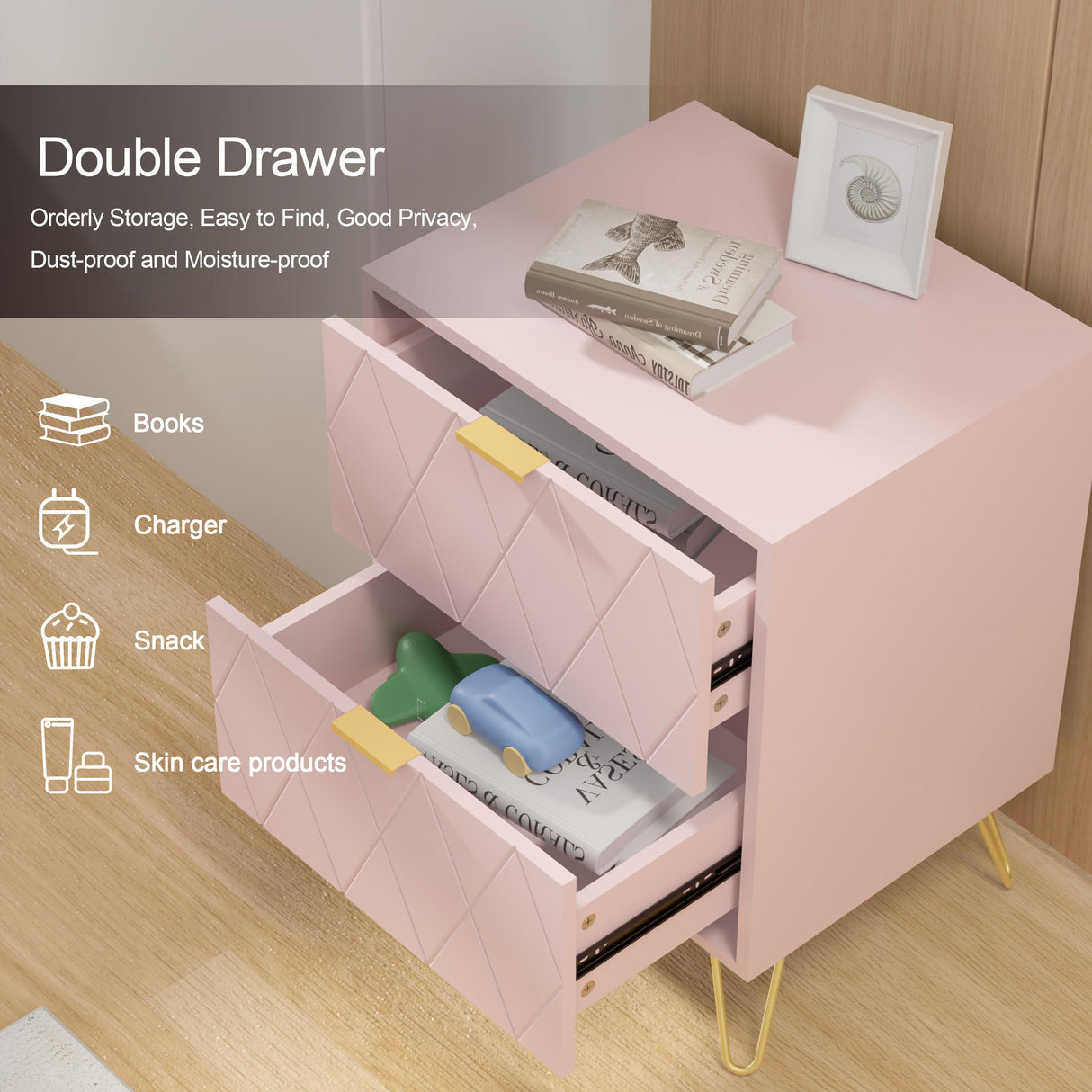 Anbuy Bedroom Sets 3 Pieces Pink Modern 9 Drawer Dresser and Nightstand Sets for Bedroom, Two Drawers Nightstand Set of 2 & 9 Drawer Dresser Combo 3 Pcs (Pink)