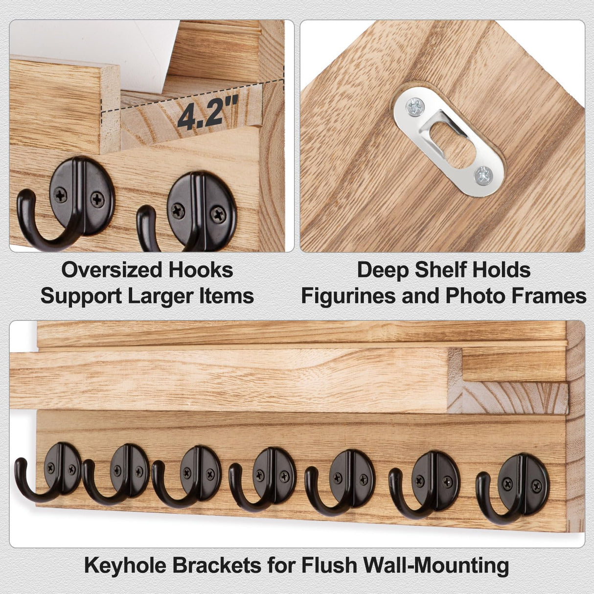 Lwenki Key Holder Wall Mount, Entryway Key and Mail Holder with 7 Sturdy Hooks for Sunglasses, Dog Leash, Decorative Wall Shelf with Mounting Hardware, 15”W x 6.7”H x 4.2”D (Wood) Lwenki