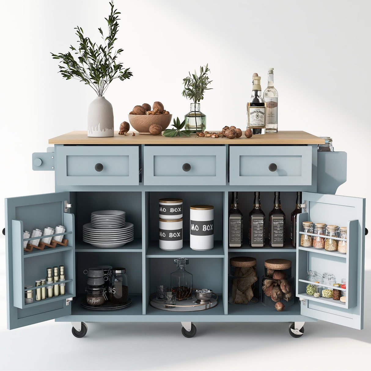 LUMISOL Kitchen Island with Drop Leaf, Wood kitchen island on Wheel with Internal Storage Racks (Gray Blue,53.1" D) LUMISOL