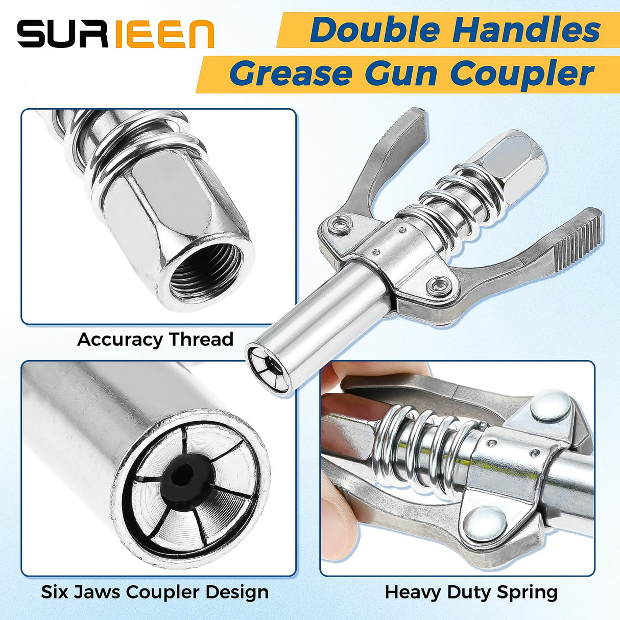 SURIEEN Grease Gun Accessory Kit, 90 Degree Grease Gun Coupler Adapter, Double Handles Grease Gun Coupler, Grease Needle, Needle Tip Dispenser, Fit 1/8" NPT Grease Gun SURIEEN