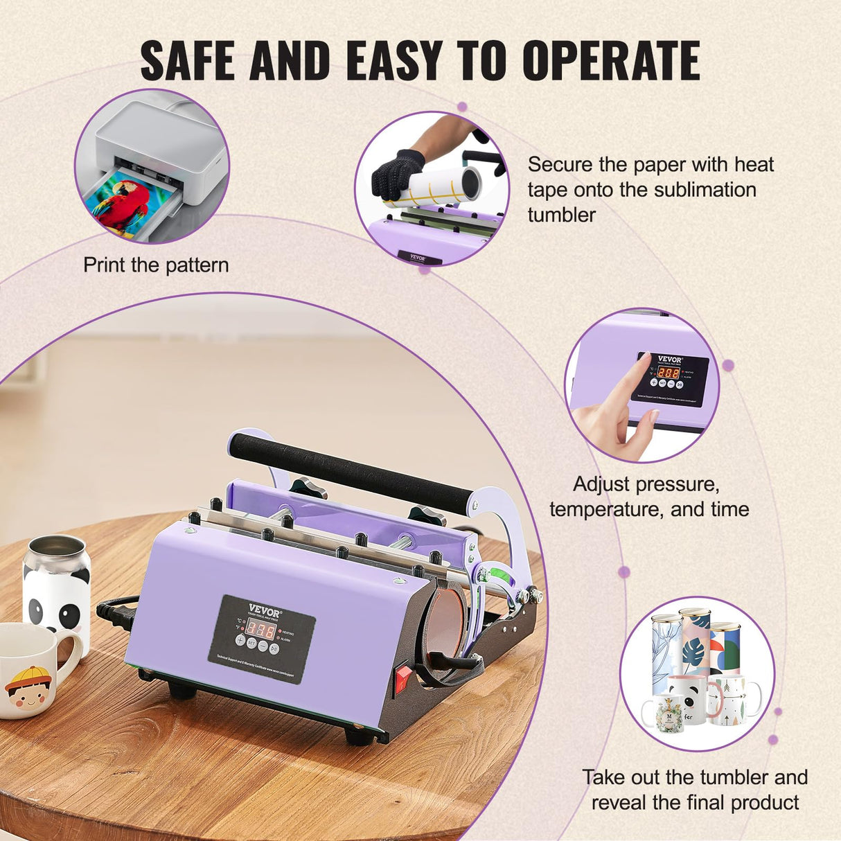VEVOR Tumbler Heat Press Machine, 11-30oz Mug Press, Heat Up Fast and Even, Tumbler Press with Sublimation Paper, Tape and Gloves, Temp and Time Setting, for Sublimation Tumblers, Cups, Mugs, Purple VEVOR