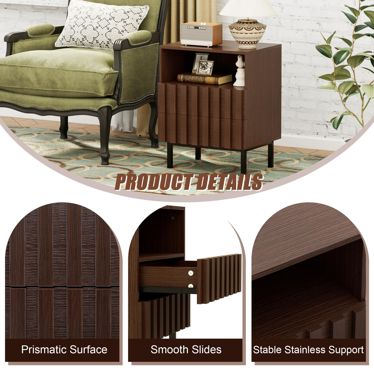 UEV Mid Century Modern Solid Wood Nightstand Set of 2,2 Drawers End Table with Storage Space,Accent Wooden Strip Design Bedside Table for Bedroom, Living Room (Brown, Set of 2) UEV