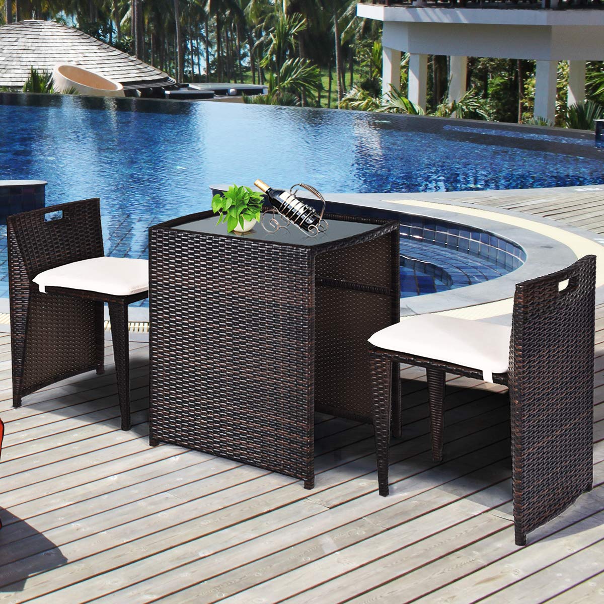 Tangkula 3 Piece Outdoor Rattan Dining Set, No Assembly Patio Bistro Set with Tempered Glass Table, Space Saving Patio Wicker Cushioned Chair Furniture Set for Courtyard, Balcony, Garden (Brown) Tangkula