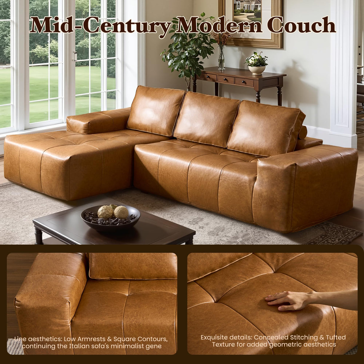 114" Boneless Couches for Living Room, Brown Faux Leather Cloud Sectional Couches with Chaise, Deep Seat L Shaped Modular Sofa, No Assembly Required Sofas in a Box (Left,Faux Leather,Brown) weaxty W