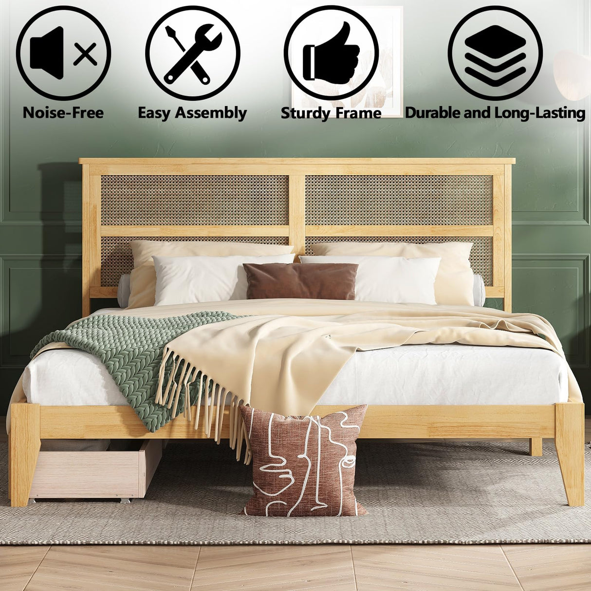 HRVEOCEI Boho Bed Frame King with Rattan Headboard, Rattan Bed Frame& King Beds Frames with Wood Legs, Solid Wood Beds Frames with Storage Underneath,Easy Assembly (White Oak, Kings) HRVEOCEI