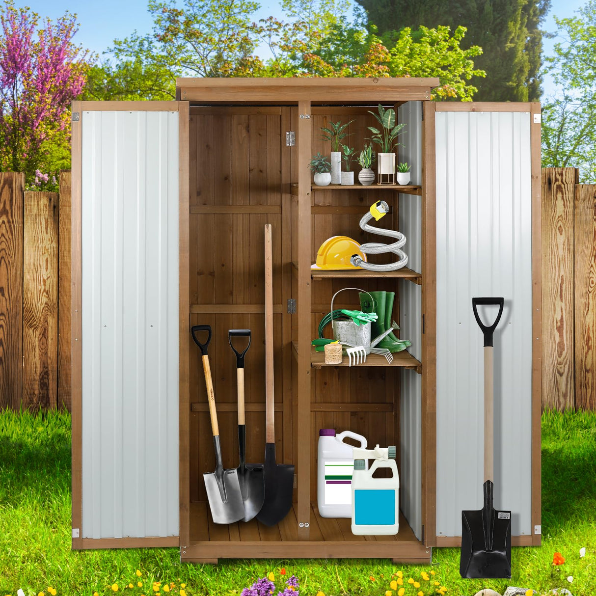 Ketive Outdoor Storage Cabinet Wood & Metal, Tall Tool Shed with Weatherproof, Double Lockable Doors, Removable 3 Shelves, Adjustable Feet for Patio, Garden, Backyard, Lawn, 32" x 15.5" x 66" (Brown) ketive