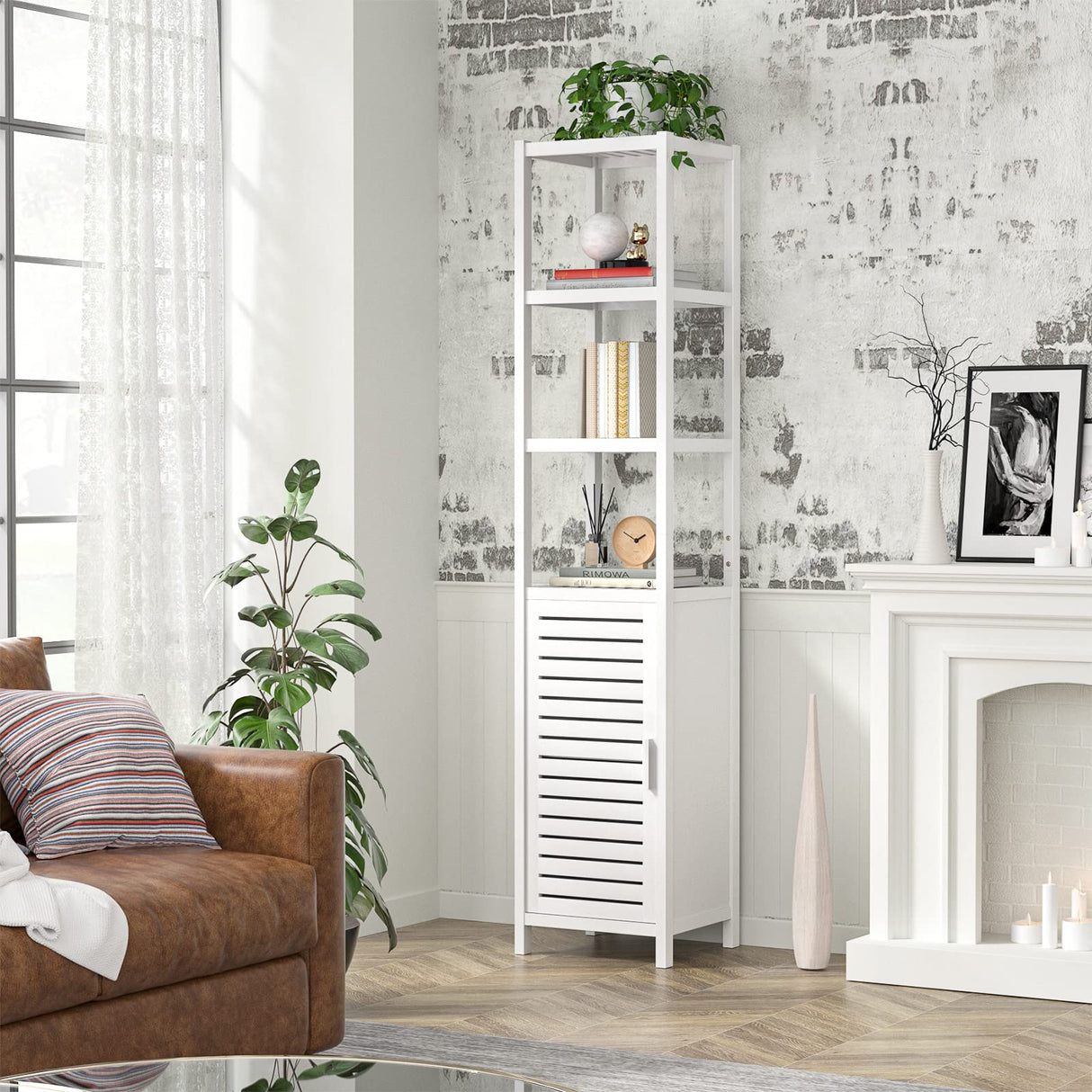 Homykic Bamboo Narrow Bathroom Storage Cabinet, 6-Tier 67 Inch Tall Floor Standing Slim Cabinet Organizer with Shutter Door and Open Shelves for Kitchen, Living Room, Corner, White Homykic