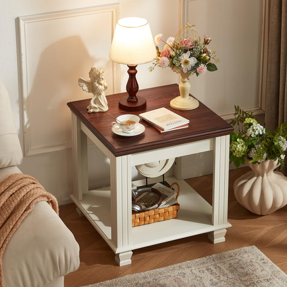 Farmhouse End Table with 2-Tier Storage Shelf, 22.8 inch Side Table for Living Room,Modern Nightstand,Small Bedside Table for Bedroom,White SAVOR LIFE