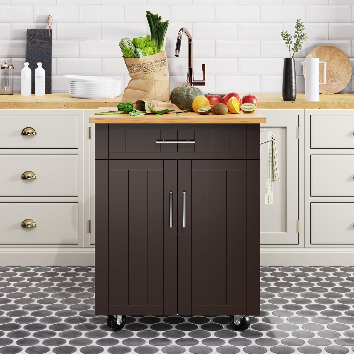 Shintenchi Kitchen Island Cart with Storage,Rolling Kitchen Island Side Table on Wheels with Large Worktop,Storage Cabinet,Towel Rack and Drawers for Kitchen,Dinning Room, Brown Shintenchi