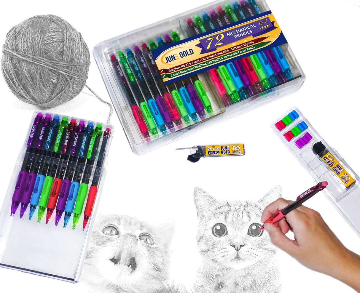 June Gold 72 Mechanical Pencils, 0.7 mm HB Lead, 2 Lead Dispensers with 220 Refills & 16 Erasers, Break Resistant, Convenient Side Click & Soft Non-Slip Grip June Gold