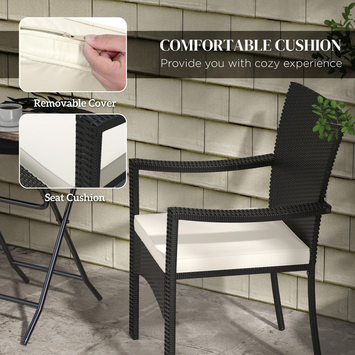 Outsunny 3 Pieces Wicker Outdoor Bistro Set, Rattan Patio Furniture Set with Folding Coffee Table, Porch Chairs with Cushions for Backyard, Balcony, Garden, White Outsunny