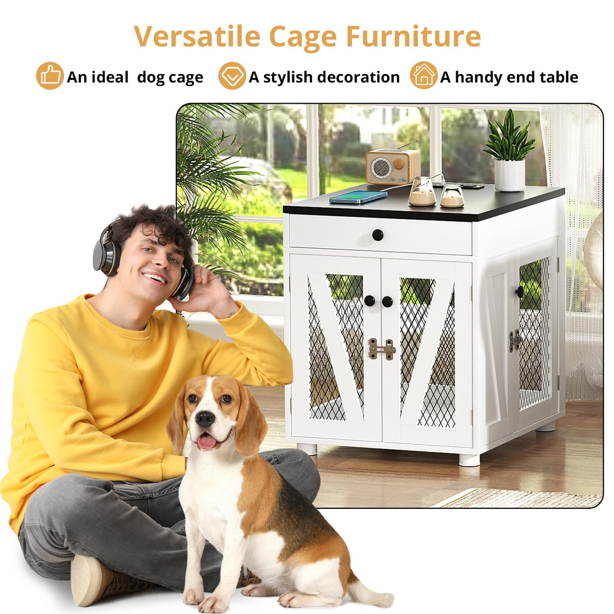 VOWNER Dog Crate Furniture, Wooden Dog Kennel End Table with USB Charging Station, Storage Drawer, Double Latched Door, Furniture-Style Crate Side Table for Small Dogs Under 25 lbs Indoor Use, White VOWNER