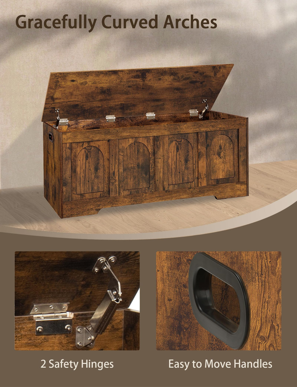 DINZI LVJ Storage Chest, 47.2”Wooden Storage Box with 2 Safety Hinges, Entryway Shoe Bench with Flip-Top, Large Trunk for Living Room, Bedroom, Easy Assembly, Rustic Brown DINZI LVJ