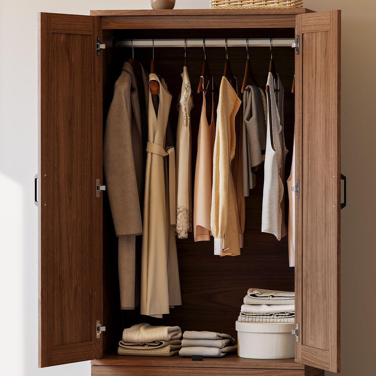 LIKIMIO Armoire Wardrobe Closet with 2 Doors and 2 Drawers 70" H x 28" W Wooden Bedroom Freestanding Wardrobe Combination for Hanging Clothes, Walnut LIKIMIO