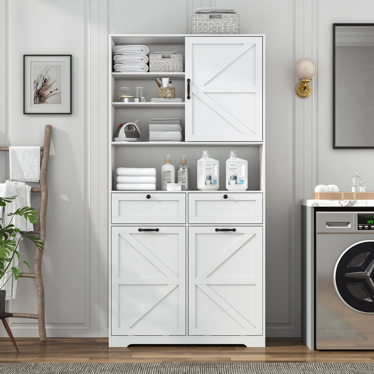 78" Tall Tilt-Out Double Doors Laundry Cabinet Hamper w Hidden Laundry Hamper,Large Pull Out Laundry Room Storage Cabinets,Kitchen Double Tilt Out Trash Cabinet,13X2 Gallon Bathroom Organizers(White) jiteentarou