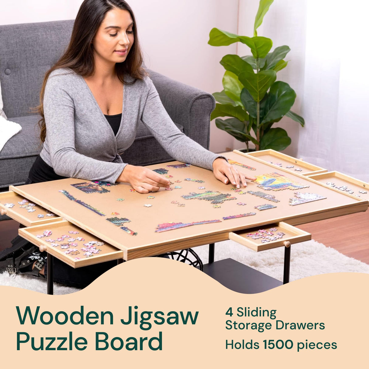 PlayVibe Puzzle Locker 1500 Piece Puzzle Board with Drawers and Cover - Puzzle Solve Station - Sturdy Puzzle Table with 6 Drawers 27" x 35" - Jigsaw Portable Wooden Puzzle Tray, Puzzle Accessories PLAYVIBE