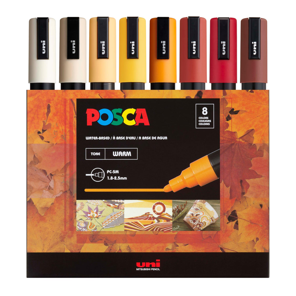 Posca Markers Set, 8 Medium Paint Markers 5M – Warm Tones – Ivory, Beige, Apricot, Ochre, Bright Yellow, Ruby Red, Dark Red, Cacao Brown posca