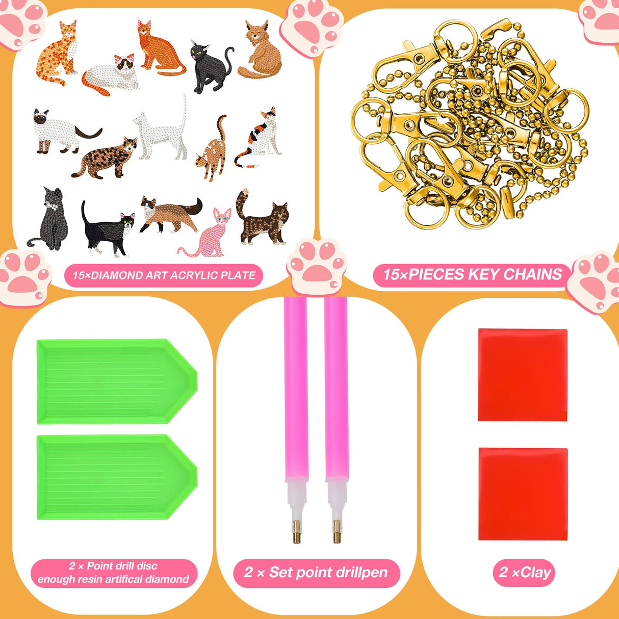 Sasylvia 15 Pcs Animal Diamond Painting Keychains Pet Diamond Painting Keychain Pendant Kits for Adults(Cat) Sasylvia