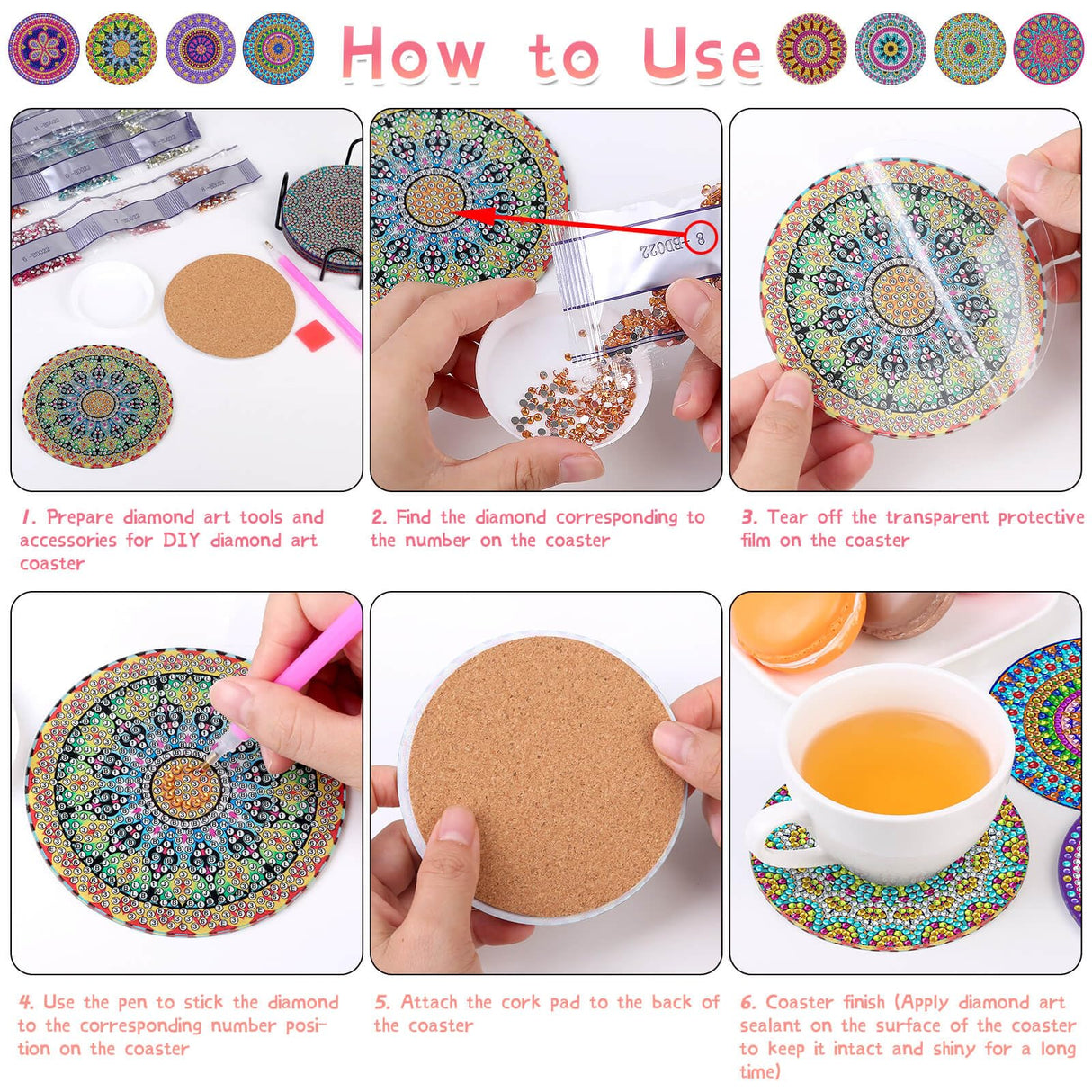 Billbotk Diamond Painting Coasters Kit, 8 Pieces Mandala Diamond Art Coasters with Holder, DIY Diamond Mandala Coasters for Beginners Billbotk