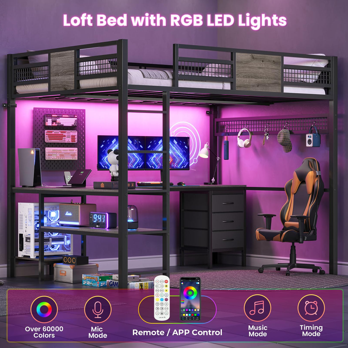 BTHFST Full Size Loft Bed with L-Shaped Desk and 3 Storage Drawers, LED Lights & Charging Station, Open Storage Shlef, Metal Loft Bed Frame with Solid Slats and Guardrail, Space Saving, Grey BTHFST