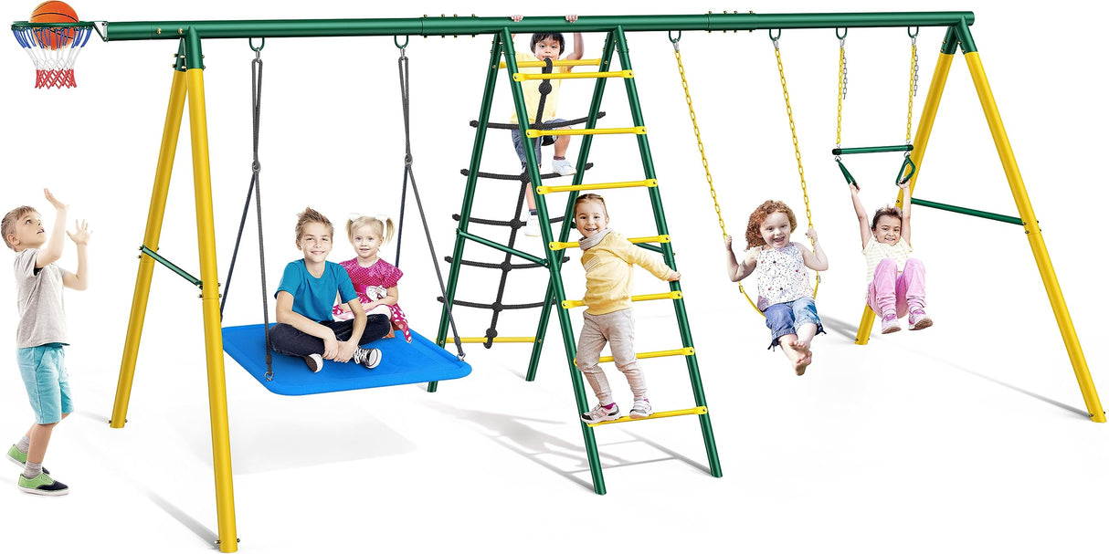Osoeri Swing Sets for Backyard, 6 in 1 Swing Sets,Heavy-Duty Metal Swing Sets for Backyard with 2 Swings, Climbing Ladder and Nets,Trapeze Bar and Basketball Hoop Osoeri