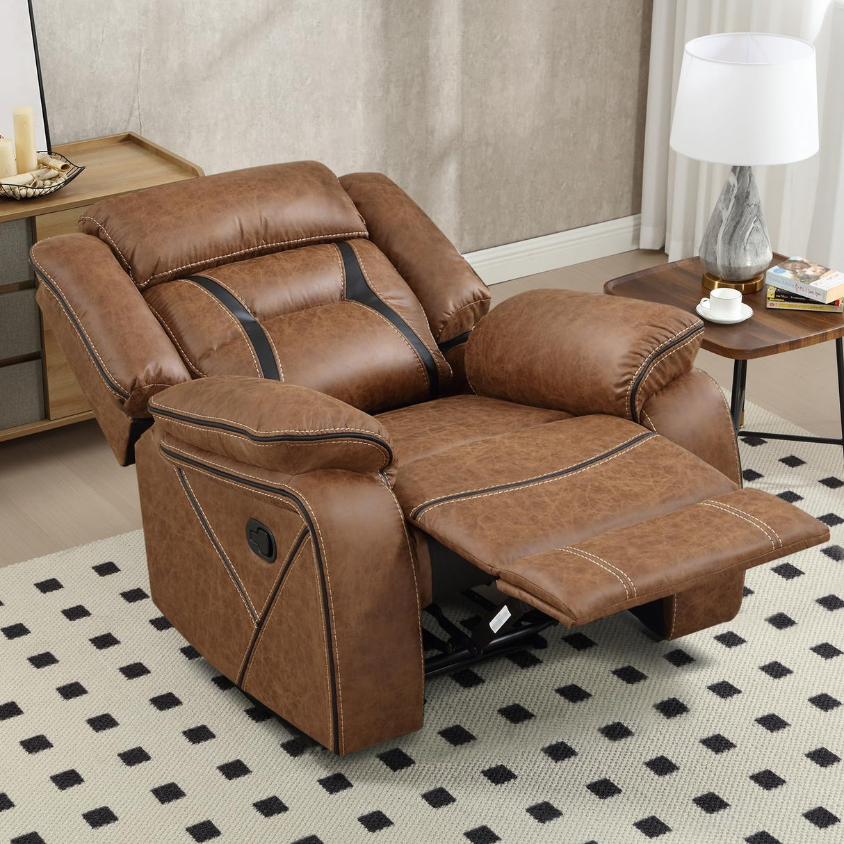 EBELLO Manual Recliner Chair, Faux Leather Single Reclining Sofa Chair with Overstuffed Armrest and Headrest, for Living Room, Bedroom Furniture, Meeting Room, Bright Brown EBELLO