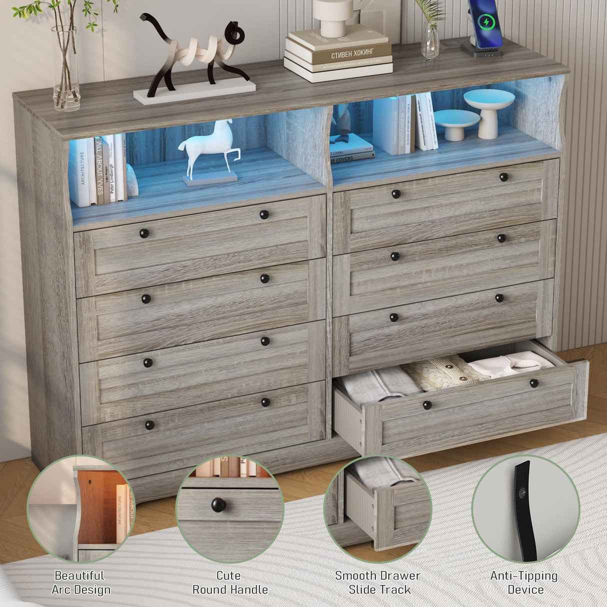 Hipicute 8 Drawers Wooden Dressers for Bedroom Living Room, Hallway, Wood Dressers with Led Lights and Charging Station, 55" Wide Chest of Drawers, Modern Solid Wood Dresser TV Stand for 55" TV Hipicute