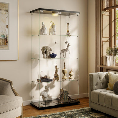 HAMBING Glass Display Cabinet with LED Lights and Lock, 4-Shelf Tempered Glass Curio Cabinet with 2 Doors, Collectible Display Showcase for Living Room, Bedroom – Black