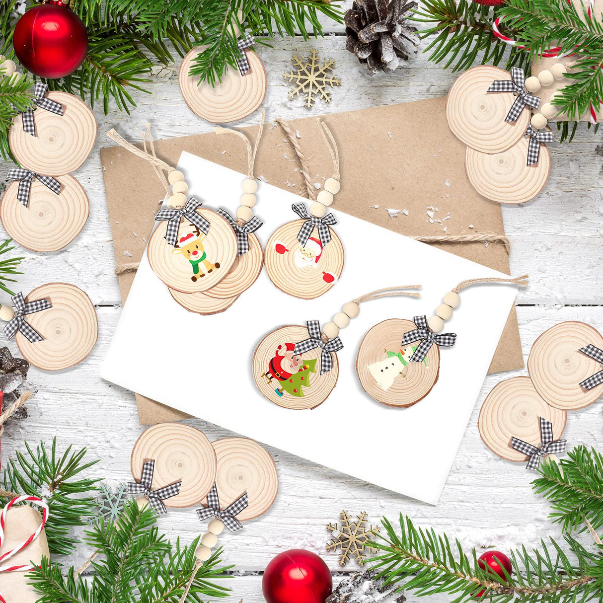 36 Pcs Wooden Christmas Ornament 2.8 to 3.2 Inch Craft Wood Kit Natural Wood Slices with Natural Beads Round Wood Beads and Black and White Bow for Arts and Crafts Christmas Ornaments (Classic Style) Sawysine