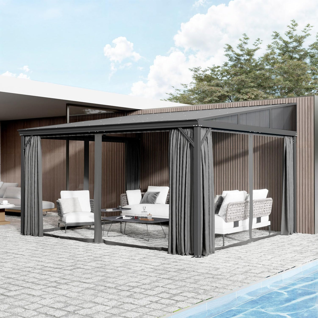 PIAOMTIEE Lean to Backyard Gazebo, Wall Mounted Heavy Duty Gazebo Outdoor Waterproof, Patio Pergola Awning with Iron Roof, Aluminum Frame, Mosquito Net, Curtains for Backyard, Grey + Brown(12x14FT) PIAOMTIEE