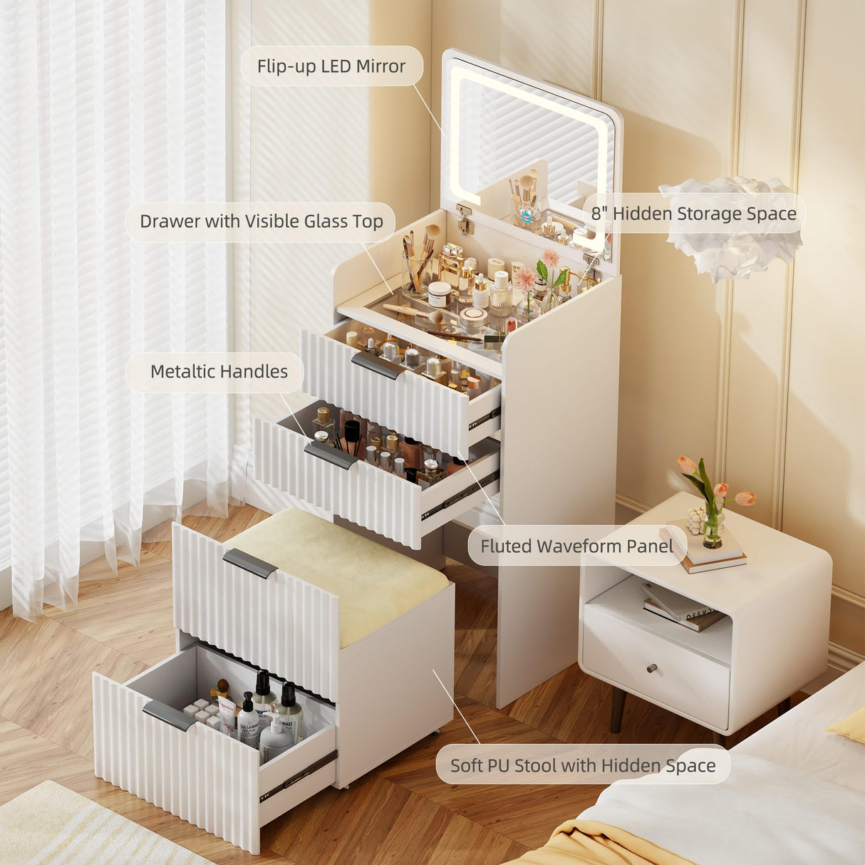 Gurexl Fluted Small Vanity Desk with Mirror and Lights, 3-in-1 Compact Makeup Vanity Set with Hidden Storage Stool, Mini Dressing Table with 3 Drawers, Gift for Little Girls/Kids (White) Gurexl