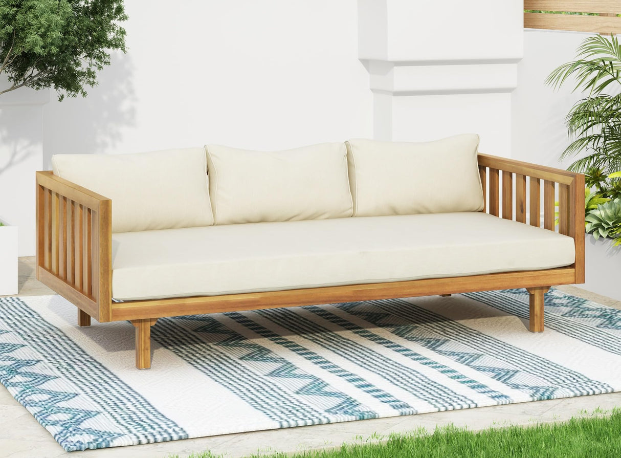 Merax Outdoor 3 Seater Daybed, Acacia Wood Day Bed Couch Sofa with Cushions for Patio Backyard, Garden, Beige Merax