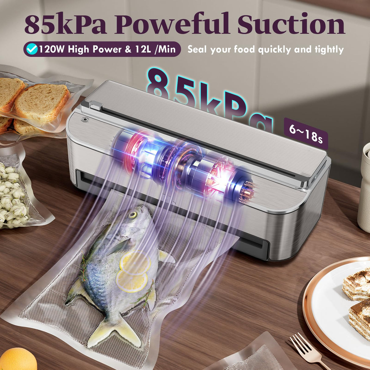 Mesliese Vacuum Sealer Machine, 85kPa 120W Automatic Food Sealer, Powerful Sealing System, Build-in Cutter | Bags Storage | Moist Mode and Air Suction Hose | 2 Bag Rolls and 5pcs Pre-cut Bags Mesliese