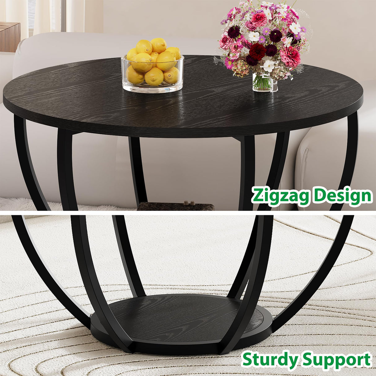 HOMERECOMMEND Round Coffee Table,Wooden 2-Tier Circle Coffee Tables with Storage Shelves,Accent Center Table for Living Room, Sofa Table for Home Office, Black HOMERECOMMEND