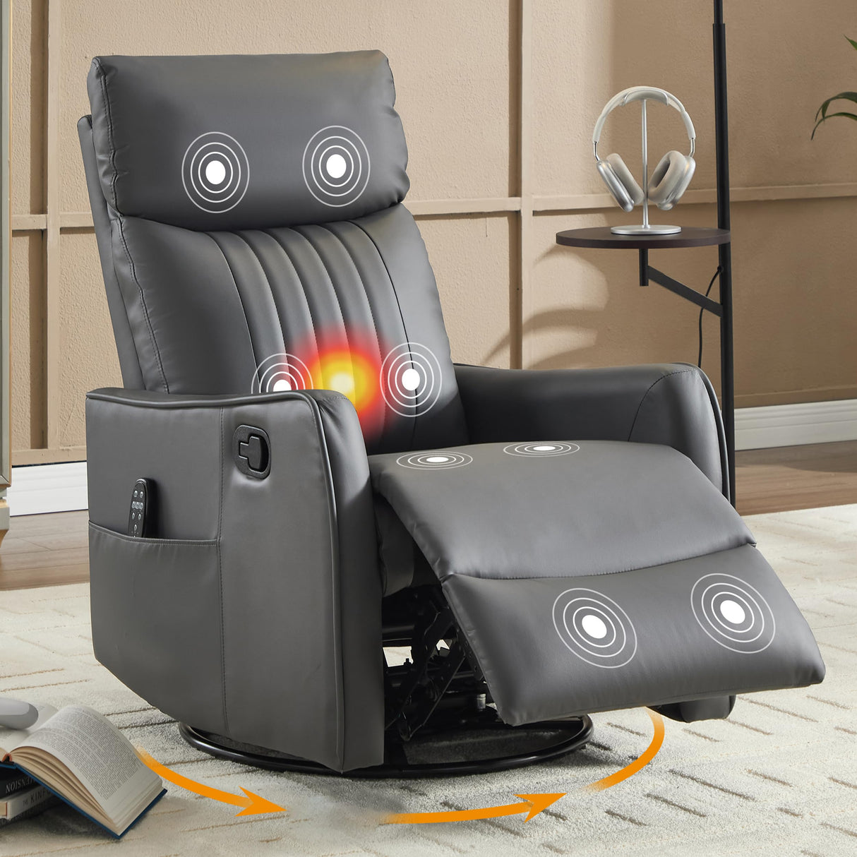 Manual Swivel Rocker Recliner Chair for Adults, Overstuffed Recliner Glider with Massage and Heat, Living Room Reclining Chair, PU Leather Gray Luxlen