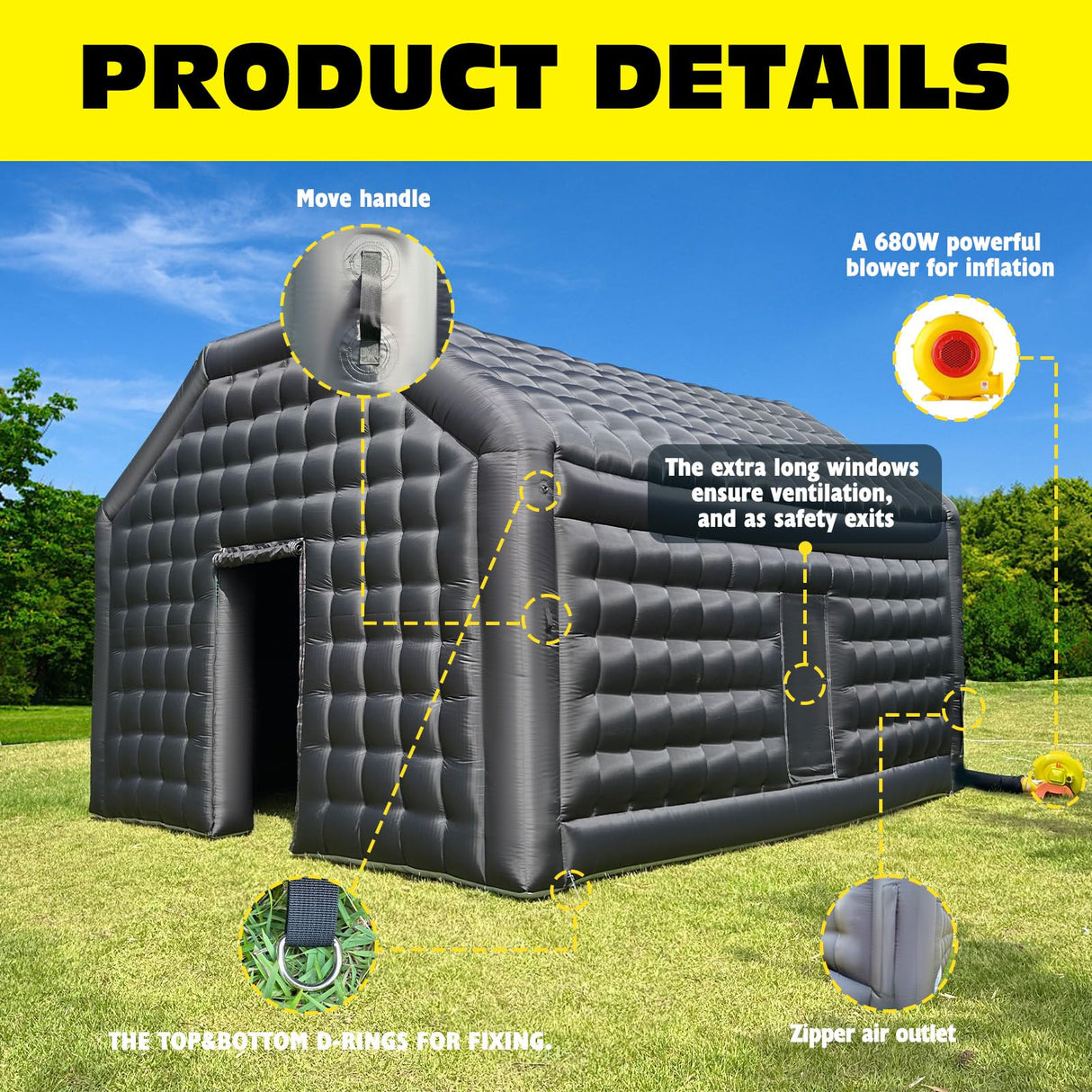 WARSUN Large Black Inflatable Nightclub 20x16.5x12Ft Inflatable Party Tent with Logo Area Inflatable Night Club Tent for Adults Wedding Birthday Raves Dance Floor Yard Party Business WARSUN