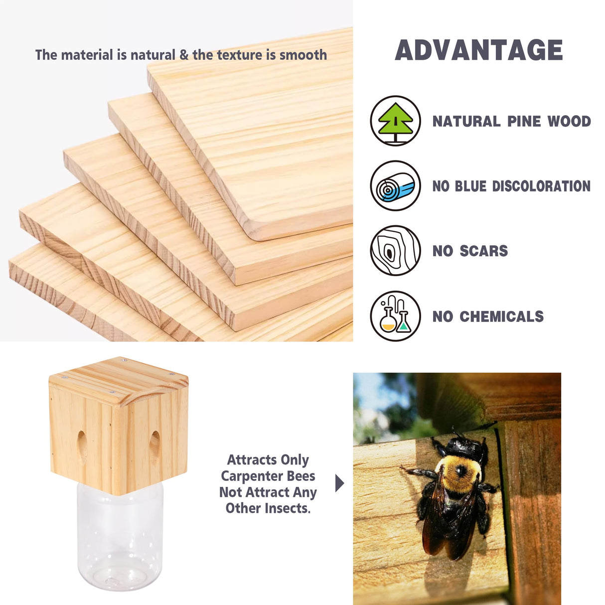 2 PCS Wood Carpenter Bee Trap for Outside - Best Bee Trap - Cube Style Nature Hanging Carpenter Bee Traps Plastic Jar Outdoor - Insect Traps Best Bee Trap